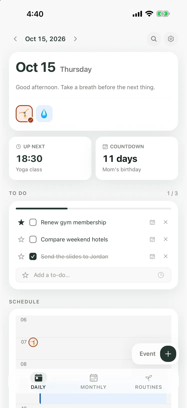 Kiyo Daily view on iPhone with the next event Yoga class at 18:30, routine check-ins and to-dos