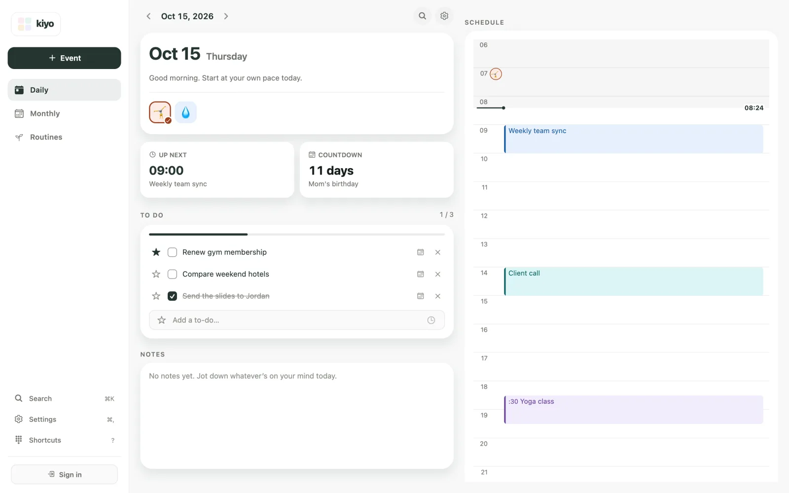 Kiyo Daily view on the web with routine check-ins, a to-do list including Renew gym membership, and a timeline with a yoga class at 18:30