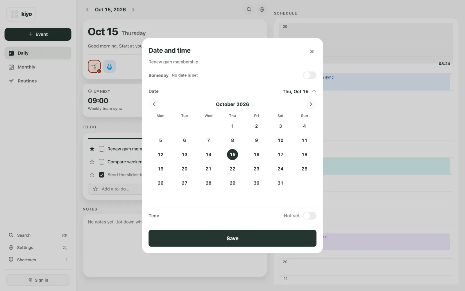Kiyo Date and time sheet on the web for the to-do Renew gym membership, with a date set and no time