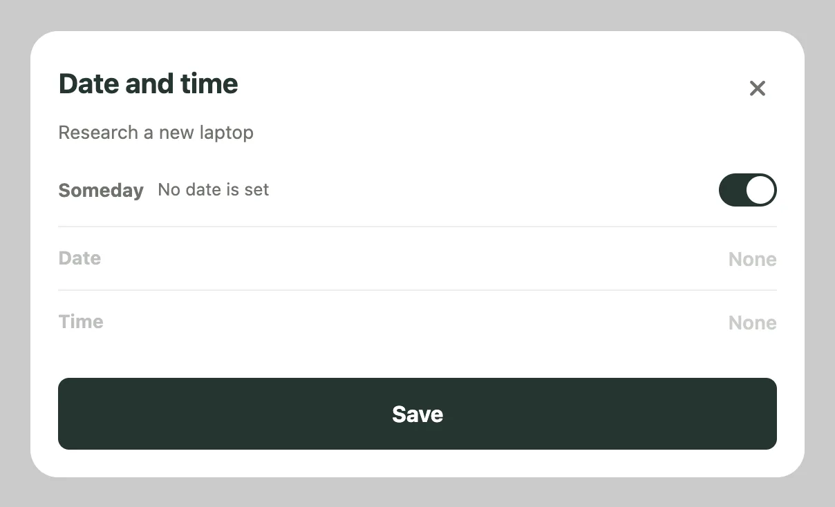 Kiyo Date and time sheet on the web for the to-do Research a new laptop, with the Someday switch turned on and Date and Time both set to None