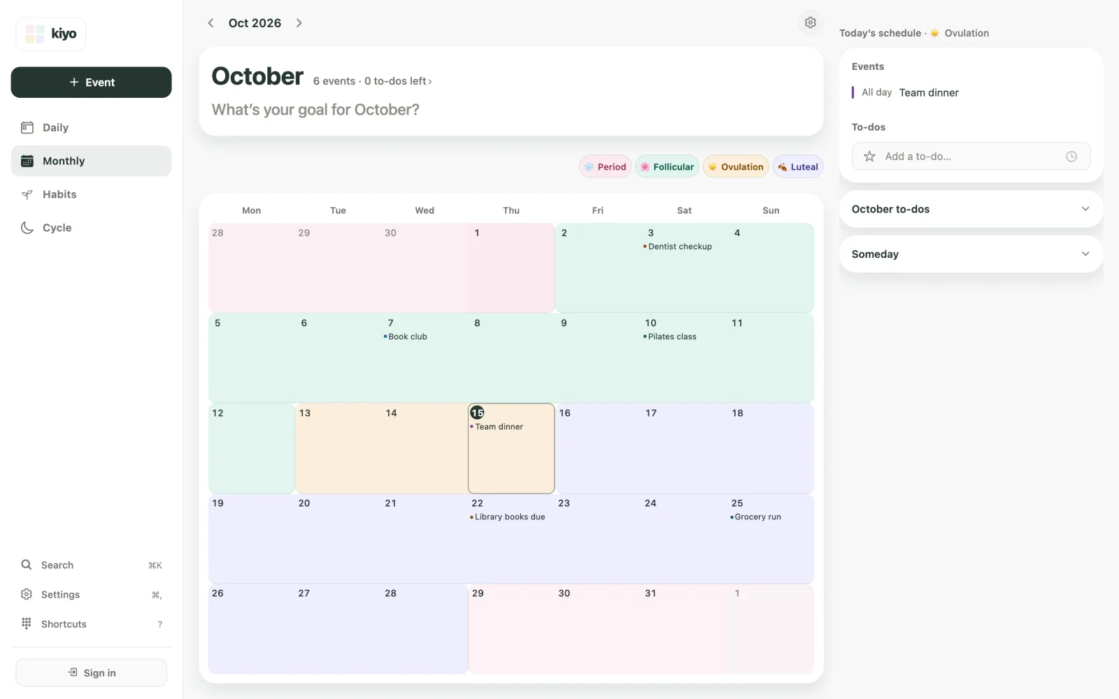 Kiyo Monthly calendar on the web for October 2026 with single-day events over background colors for cycle phases: a full-color period at the start of the month and a paler, estimated period from October 29, with a Period, Follicular, Ovulation and Luteal legend.