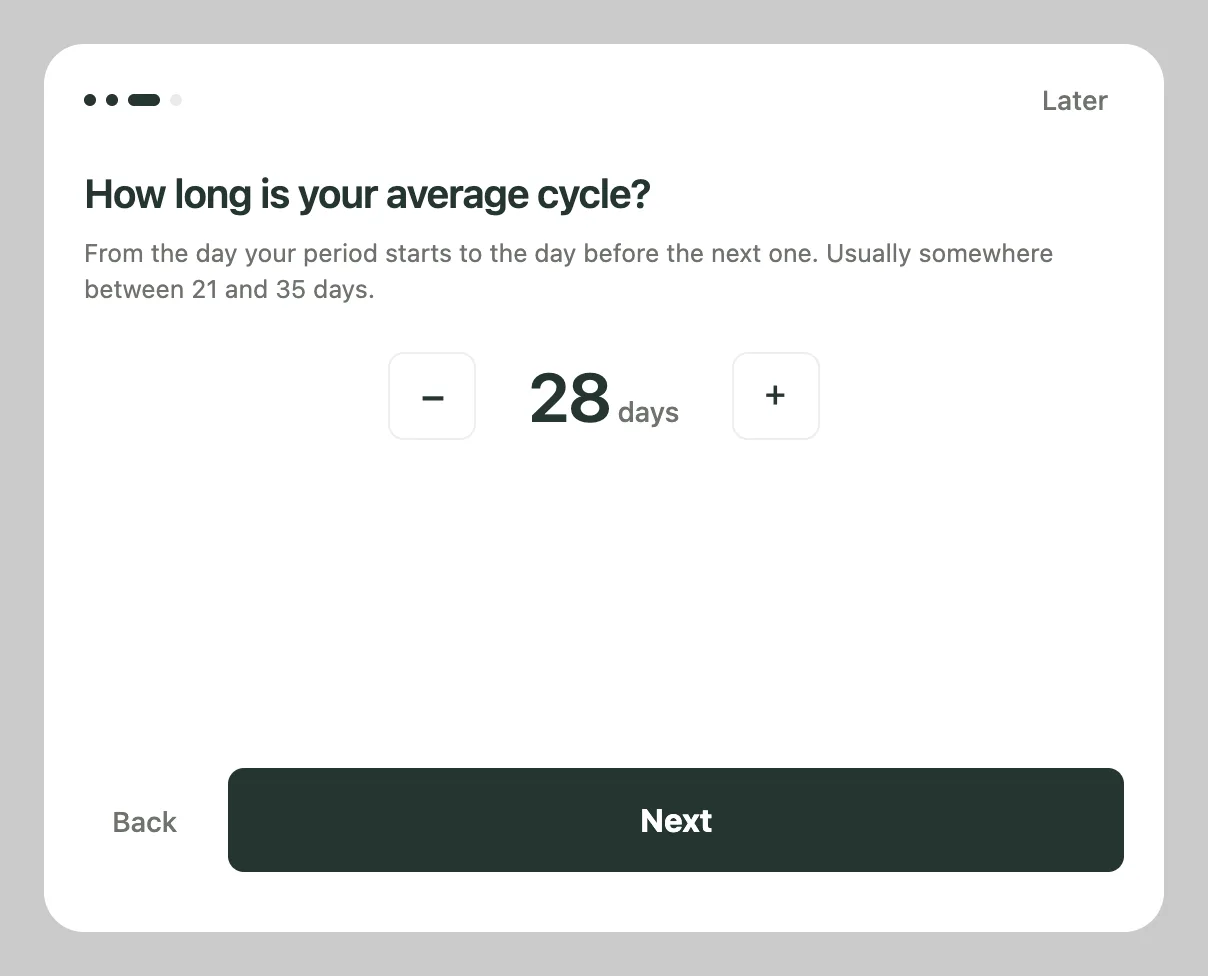 Kiyo cycle setup step asking How long is your average cycle?, with a note that it is usually between 21 and 35 days and a stepper set to 28 days.
