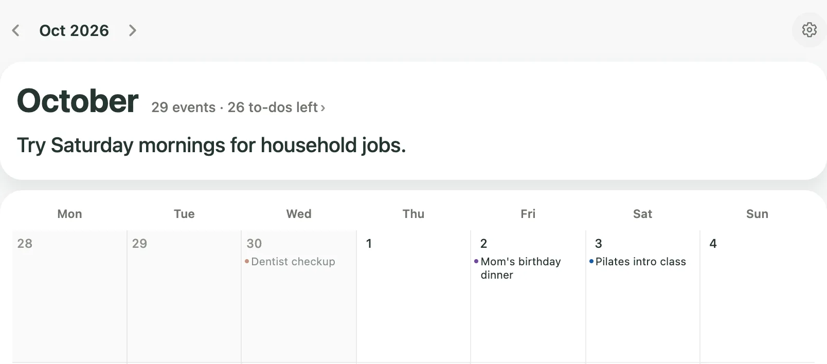 Kiyo Monthly view on the web for October 2026 with the goal Try Saturday mornings for household jobs. under the month name