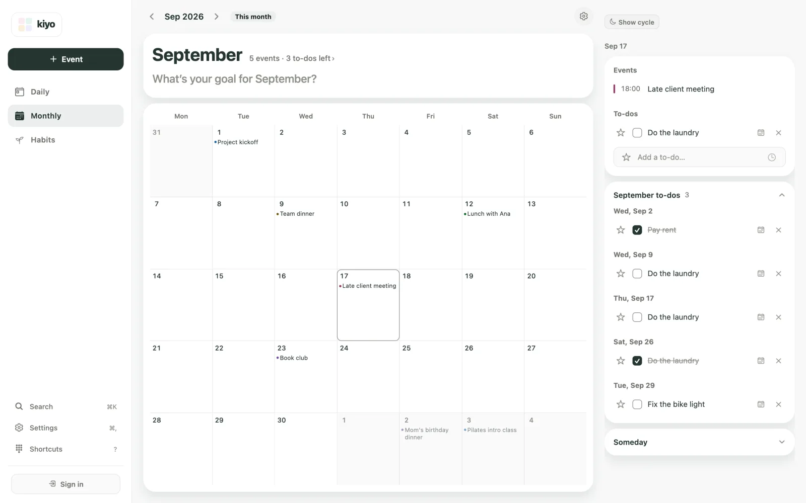 Kiyo Monthly view on the web for September 2026: September 17 selected with an 18:00 Late client meeting and an unchecked Do the laundry, and the September to-dos list showing laundry on the 9th, 17th and 26th