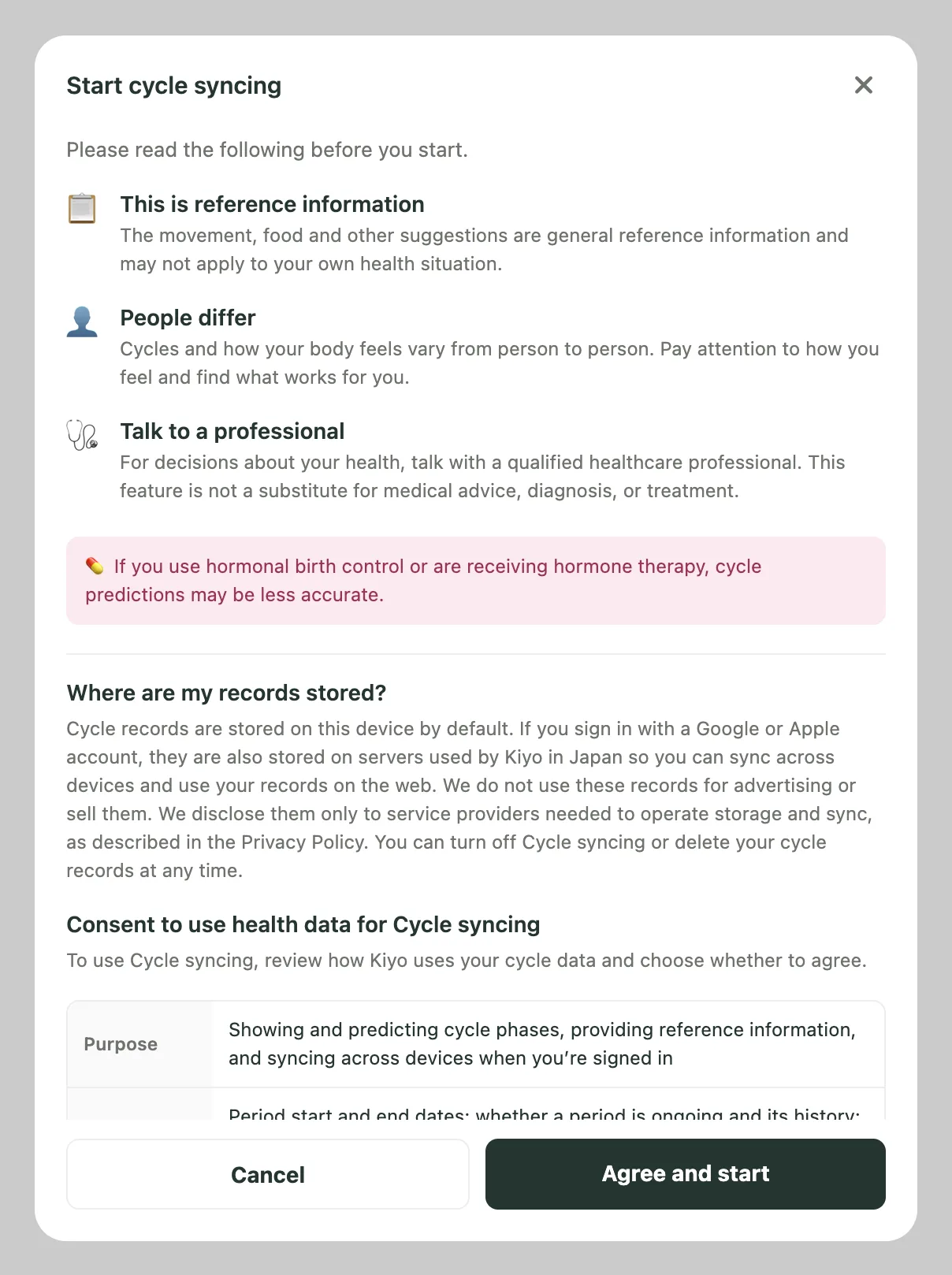 Kiyo's Start cycle syncing consent sheet with three notes, a box about hormonal birth control, a section titled Where are my records stored?, and Cancel and Agree and start buttons.