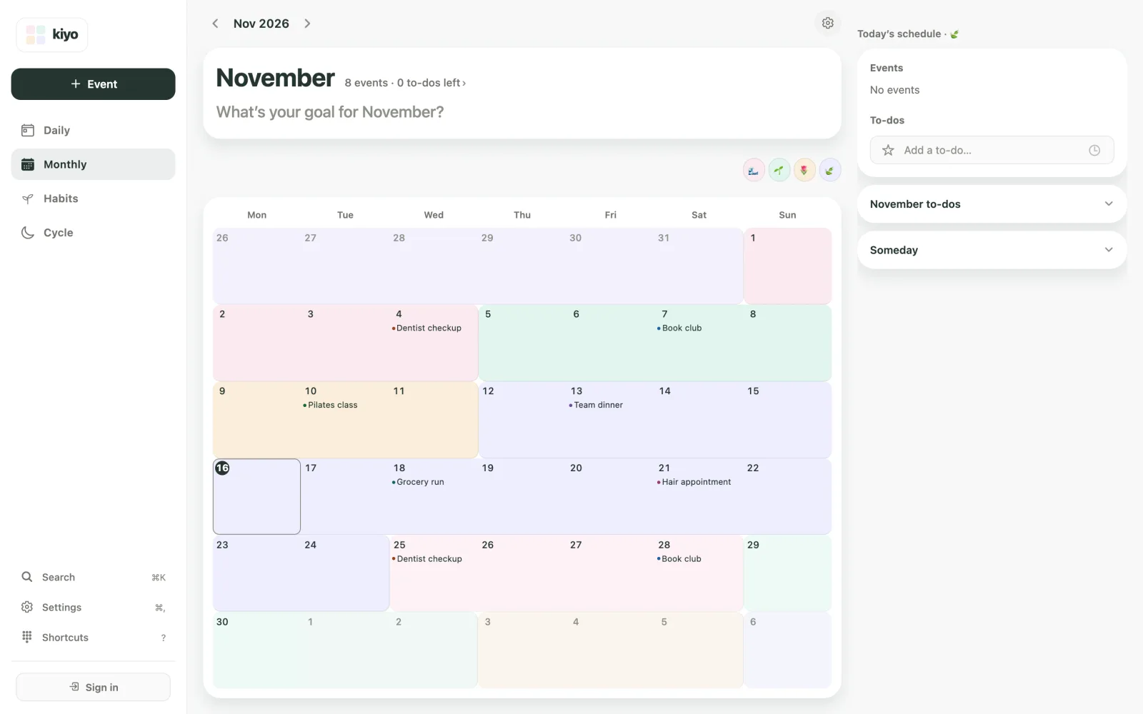 Kiyo Monthly calendar on the web for November 2026 with single-day events over soft background colors for cycle phases, and a legend that shows emoji instead of phase names.