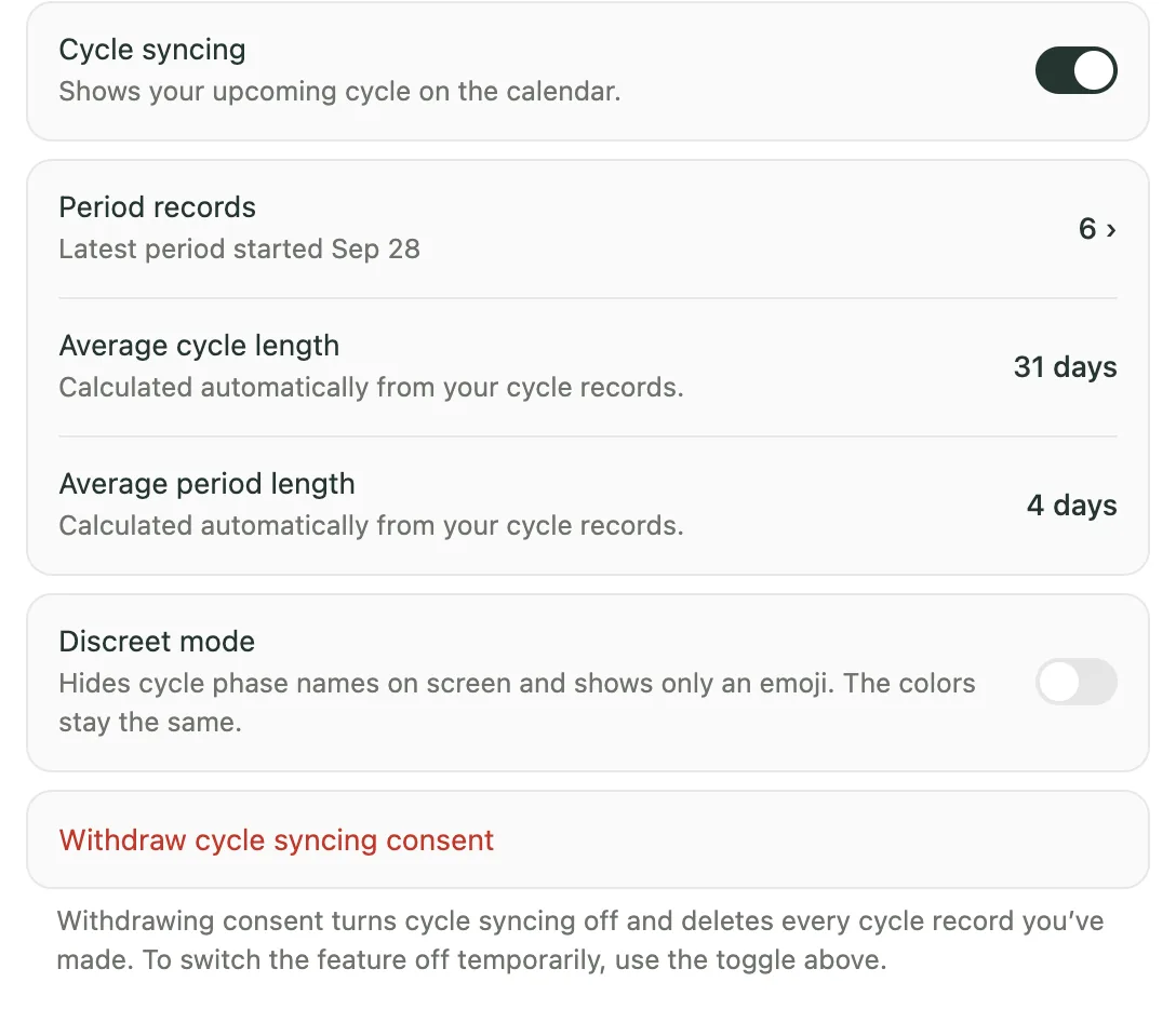 Kiyo's Cycle syncing settings on the web: a Cycle syncing switch, Period records, average cycle and period length calculated from records, a Discreet mode switch, and Withdraw cycle syncing consent with an explanation.