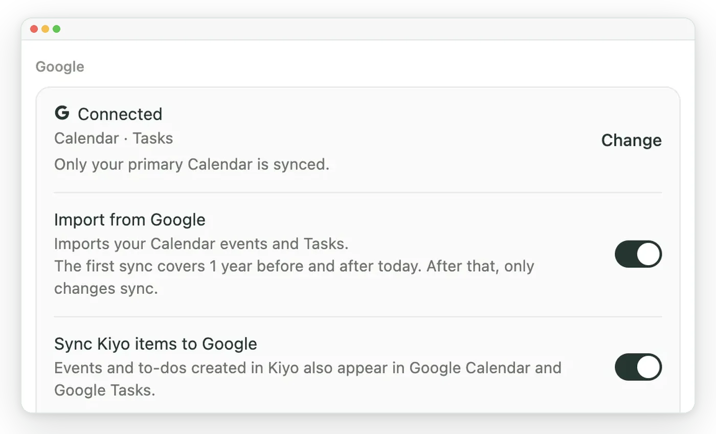 Kiyo Settings → Google showing Import from Google and Sync Kiyo items to Google, both on in a demo account.