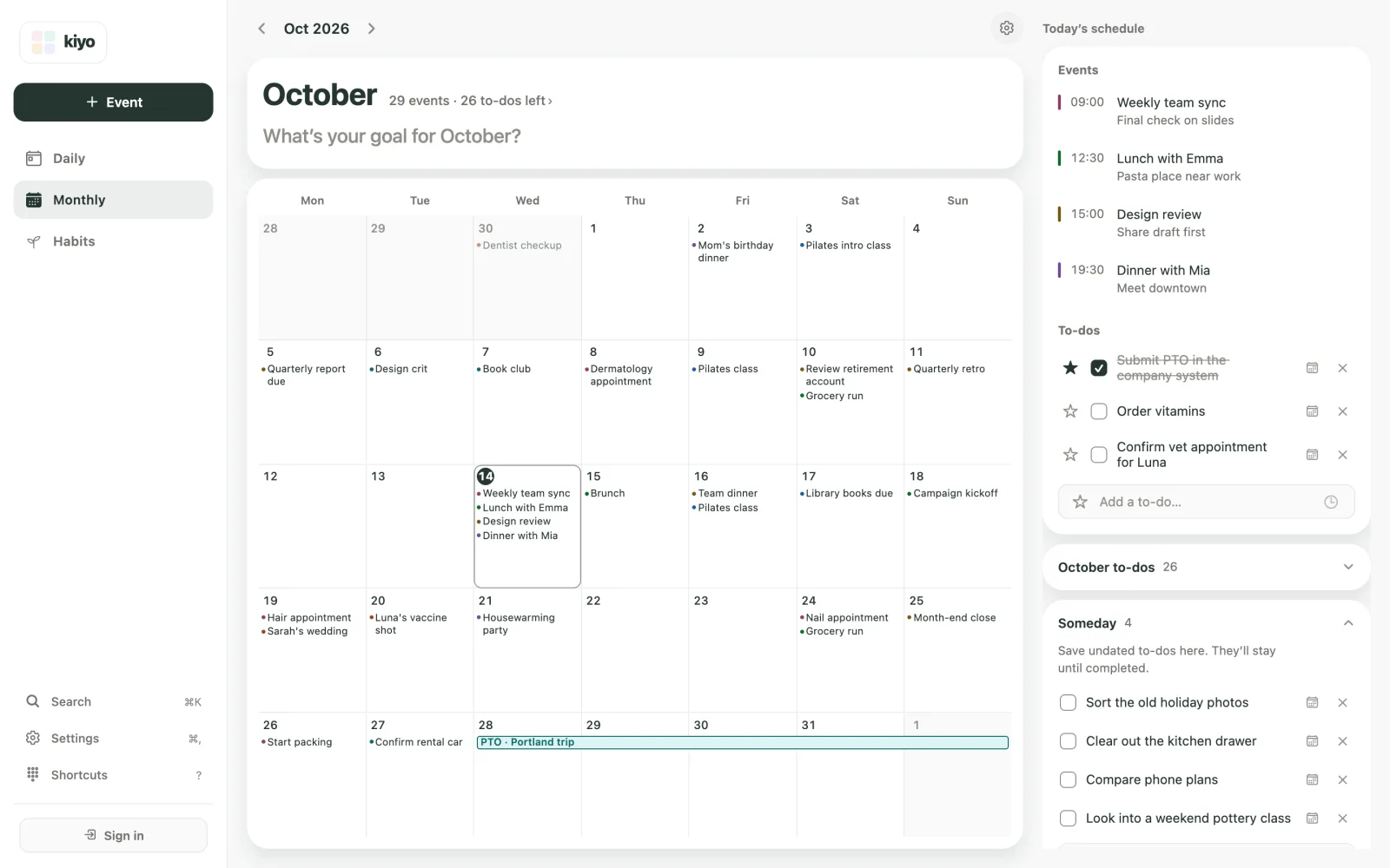 Kiyo Monthly view on the web for October 2026 with the Someday list open, showing four undated to-dos: Sort the old holiday photos, Clear out the kitchen drawer, Compare phone plans and Look into a weekend pottery class