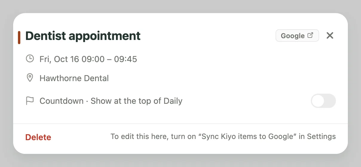 Kiyo event sheet for Dentist appointment on Friday, October 16, 9:00 to 9:45 at Hawthorne Dental, with a Google chip in the header and the note: To edit this here, turn on Sync Kiyo items to Google in Settings.