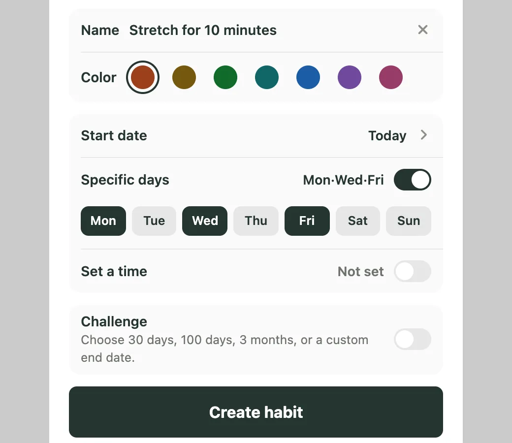 Kiyo New habit sheet on the web for Stretch for 10 minutes, with Specific days turned on and Monday, Wednesday and Friday selected
