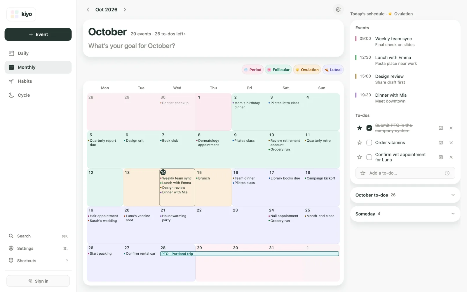 Kiyo Monthly view on the web for October 2026 with estimated cycle phases shown as background colors behind the month's events, and a legend for Period, Follicular, Ovulation and Luteal
