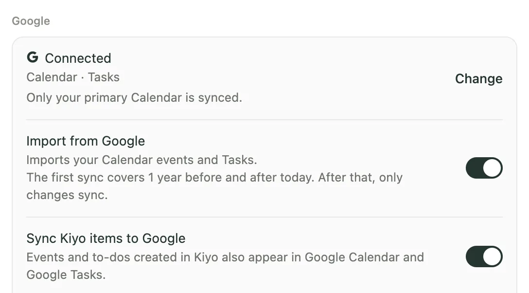Kiyo Settings → Google showing Import from Google and Sync Kiyo items to Google, both on in a demo account.