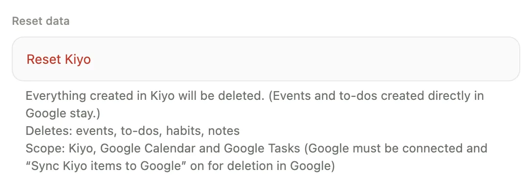 Kiyo Settings → Reset data showing the Reset Kiyo row and the note explaining deletion, including Sync Kiyo items to Google.