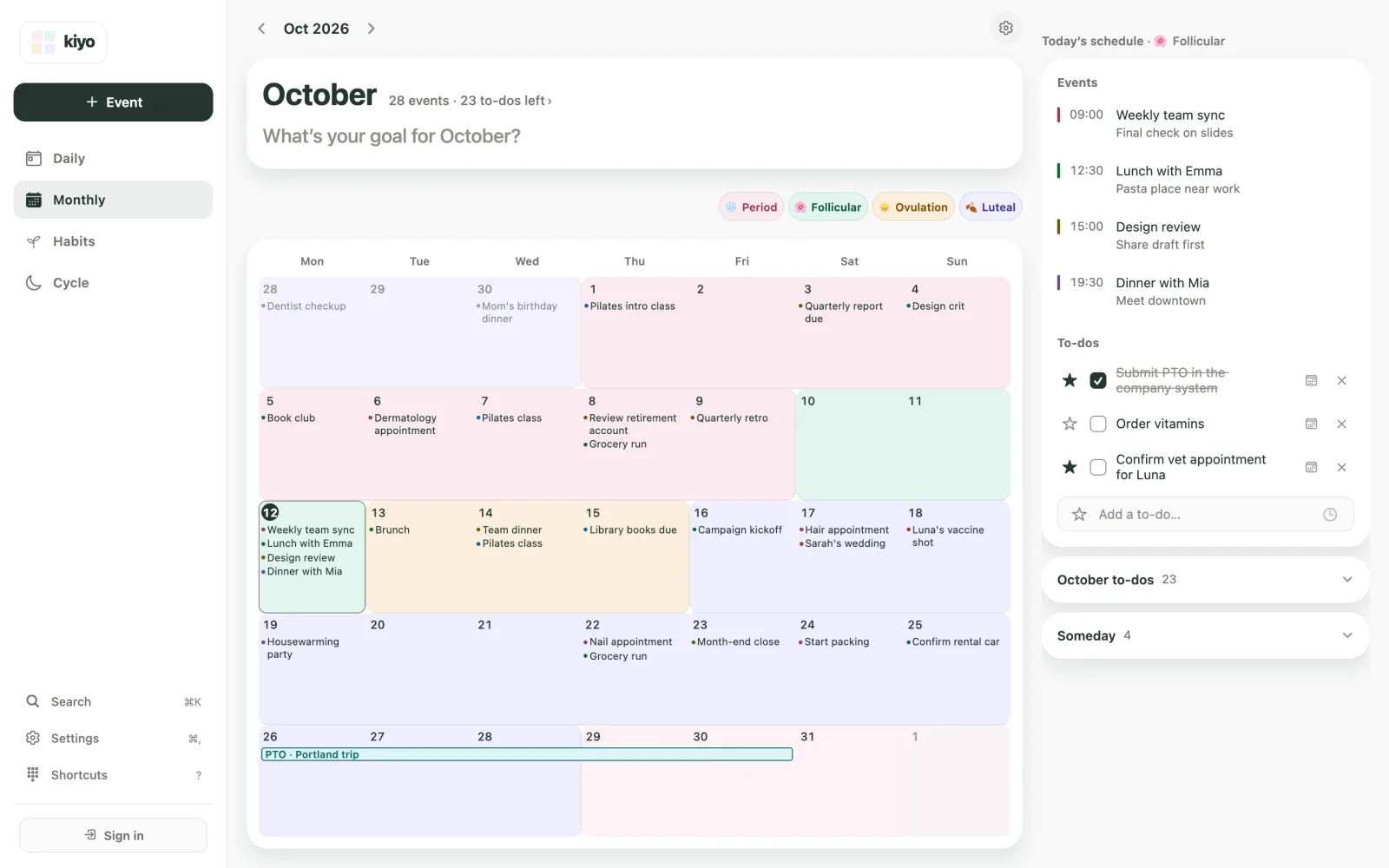 Kiyo Monthly for October with a period recorded October 1–9, Follicular October 10–12, Ovulation October 13–15, Luteal October 16–28 and the next expected start on October 29, with all four cycle legend labels visible.