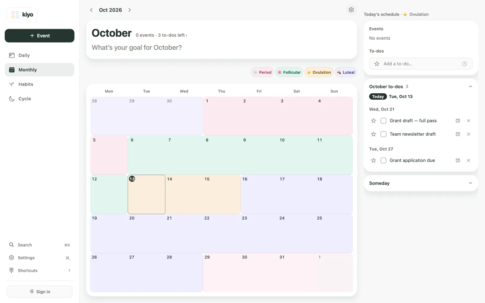 Kiyo Monthly for October 2026 with estimated cycle colors behind the calendar and the month's to-do list beside it: two drafts on October 21 and the grant deadline on October 27.