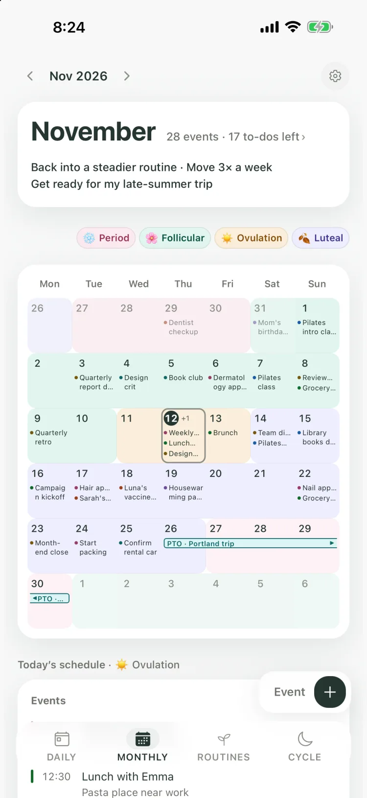 Kiyo Monthly calendar on iPhone with events over cycle phase colors