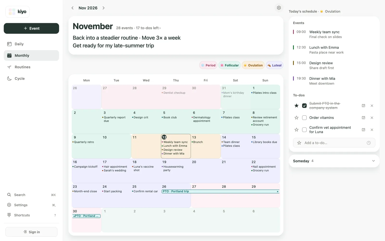 Kiyo Monthly calendar on the web for November with events over background colors for estimated cycle phases and a phase legend