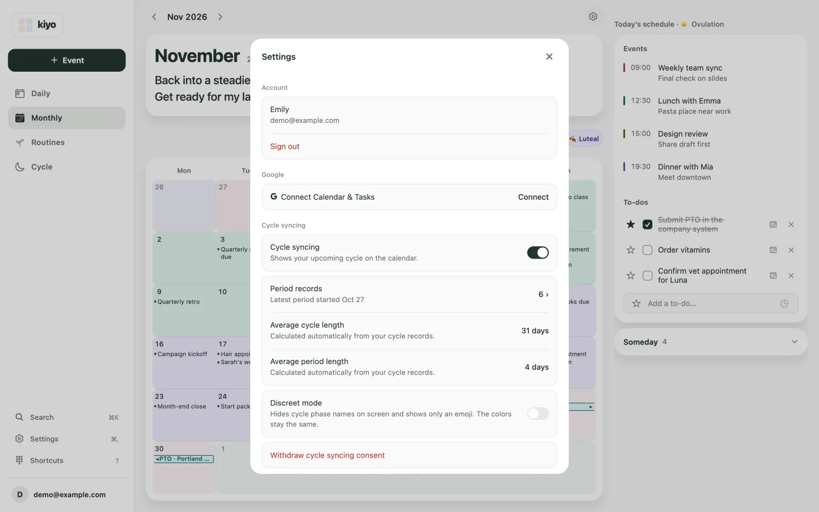 Kiyo Settings on the web showing the Google section with Connect Calendar & Tasks, and the Cycle syncing switch below it