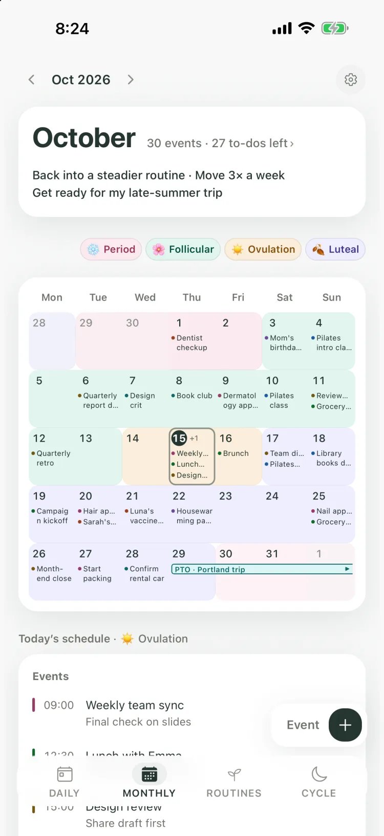 Kiyo Monthly calendar on iPhone with event entries over cycle phase colors and a phase legend