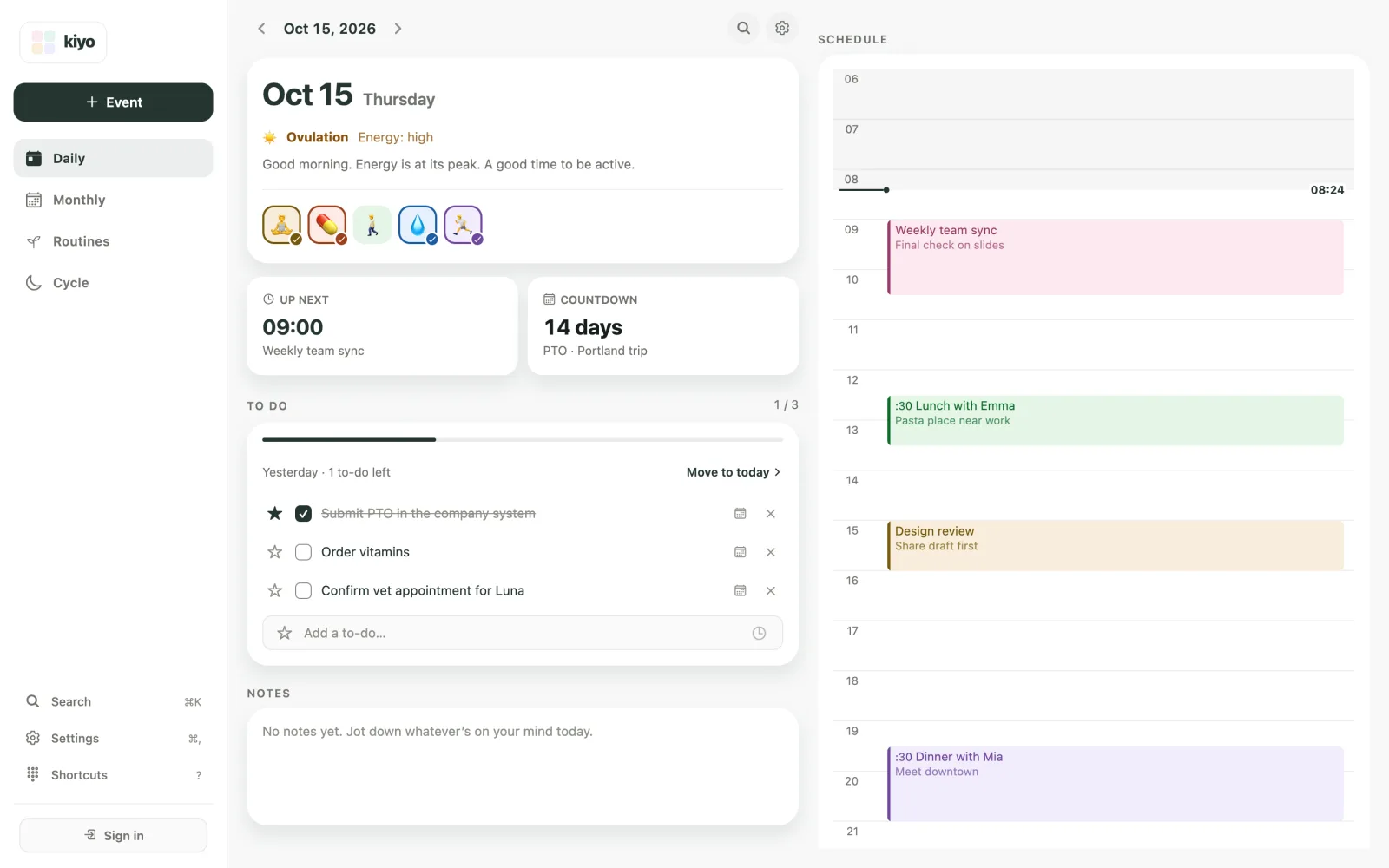 Kiyo Daily view on the web showing a cycle card, routine check-in icons, a to-do checklist and a timeline of the day's events
