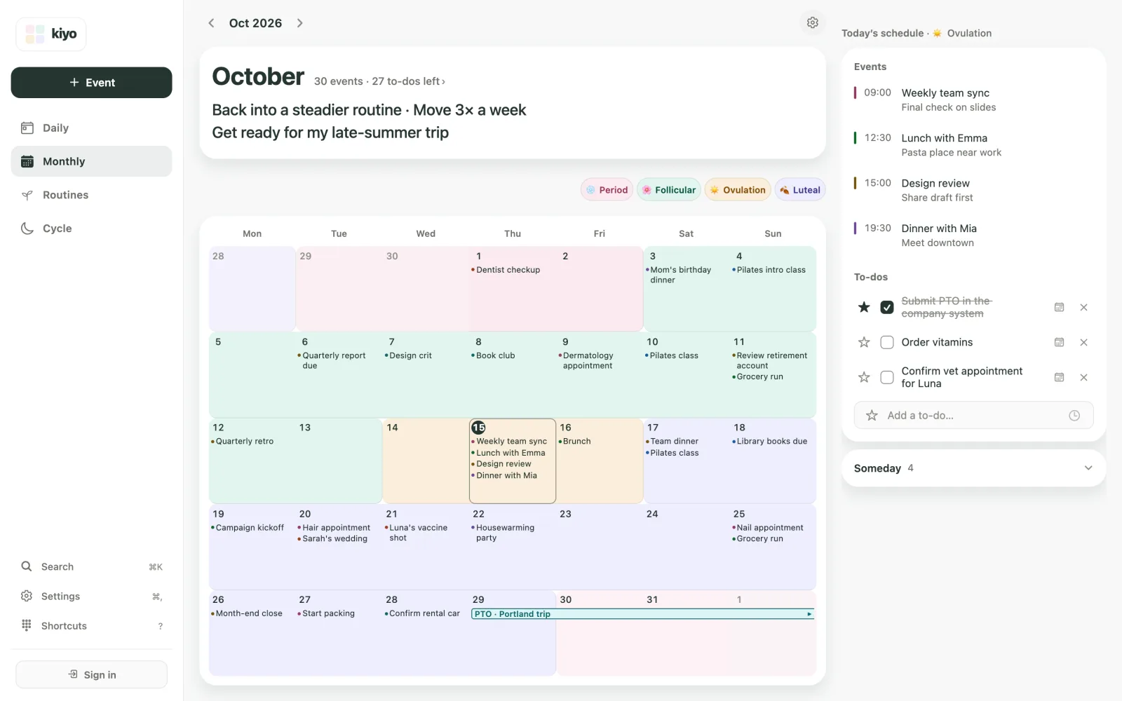 Kiyo Monthly calendar on the web with a dentist checkup and a Portland trip as entries, over background colors for estimated Period, Follicular, Ovulation and Luteal phases
