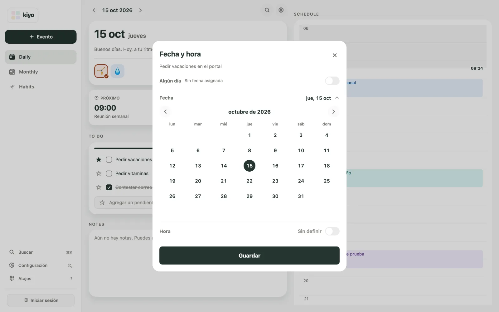 Panel Fecha y hora de Kiyo en la web para Pedir vacaciones en el portal, con una fecha elegida y sin horario.