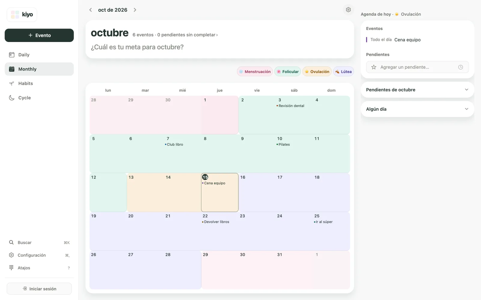 Calendario de octubre de 2026 en Monthly, con eventos sobre los colores del ciclo: el ciclo registrado tiene colores intensos y el periodo estimado desde el 29 de octubre aparece más tenue.