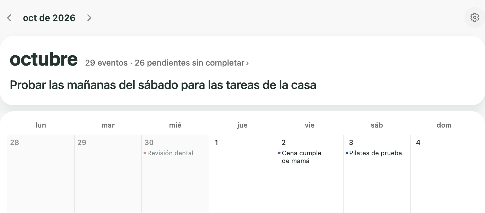 Monthly de Kiyo en la web, en octubre de 2026, con la meta Probar las mañanas del sábado para las tareas de la casa.