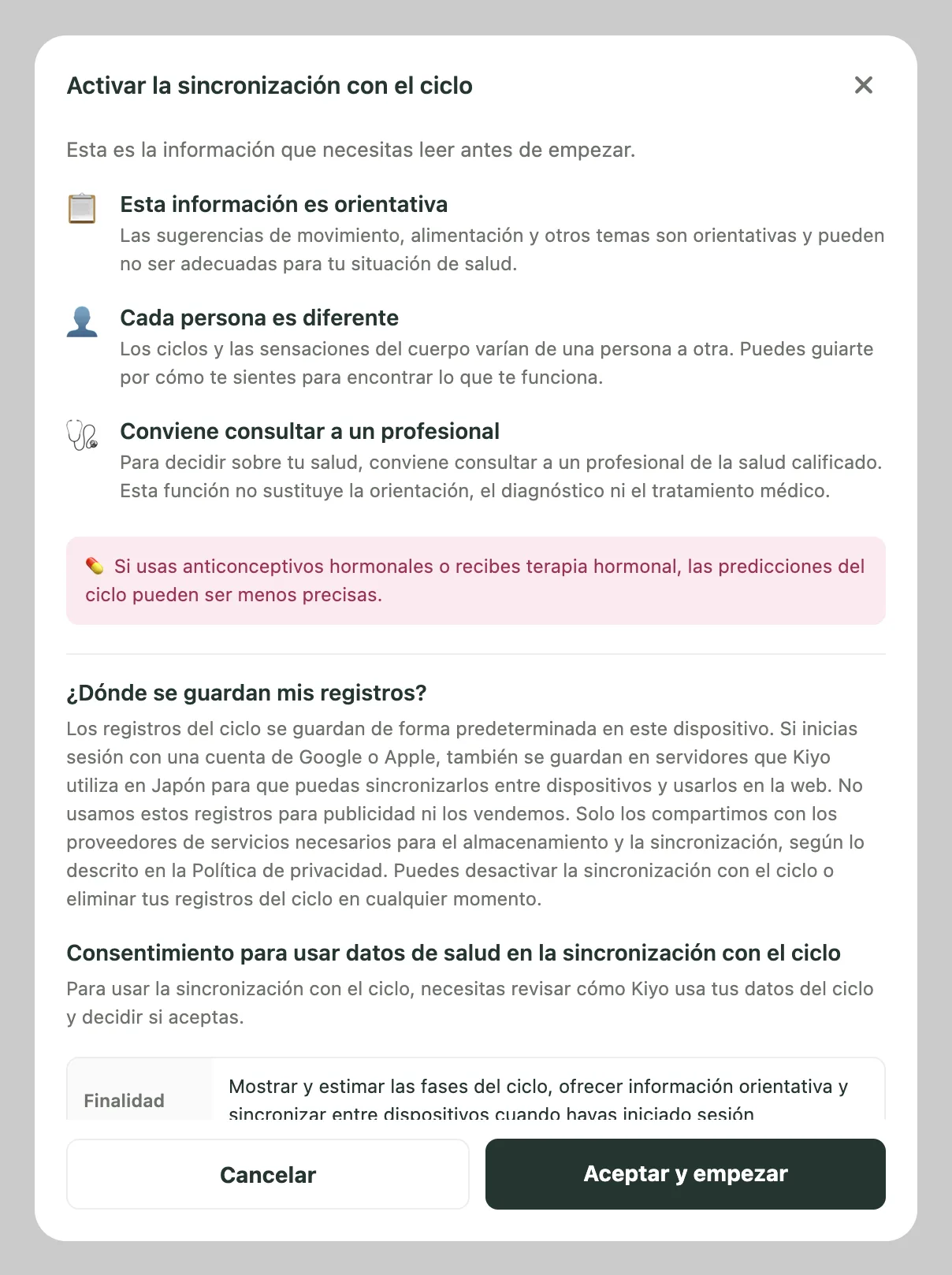 Pantalla de consentimiento de Kiyo en la web con información sobre el ciclo, anticonceptivos hormonales y almacenamiento de registros.