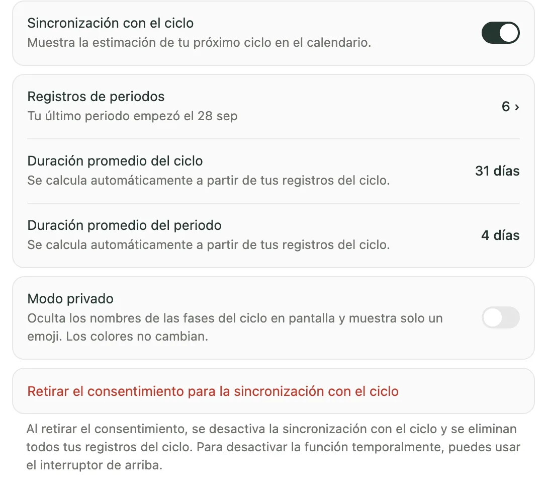 Configuración del ciclo en Kiyo web con registros, duraciones promedio, modo privado y opción para retirar el consentimiento.