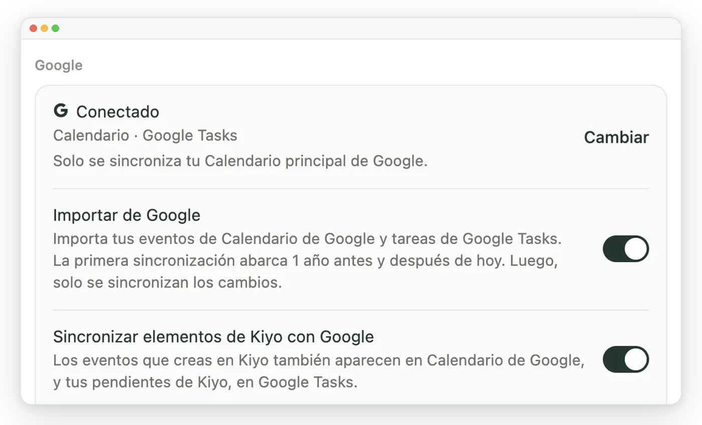 Configuración → Google en Kiyo, con Importar de Google y Sincronizar elementos de Kiyo con Google activados en una cuenta de demostración.