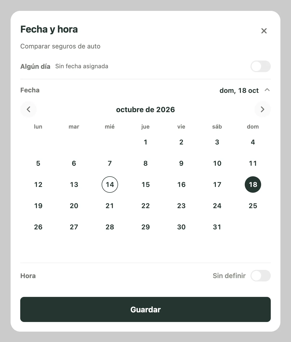 Panel Fecha y hora de Comparar seguros de auto, con el domingo 18 de octubre seleccionado, Hora sin asignar y Algún día desactivado.