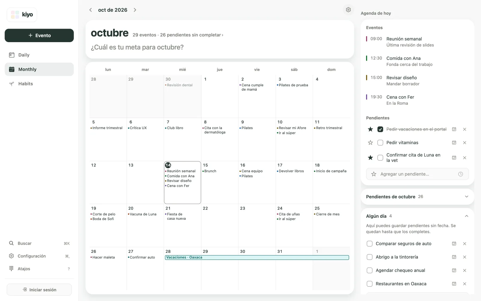 Monthly de Kiyo en la web, en octubre de 2026, con Algún día abierto y cuatro pendientes sin fecha.
