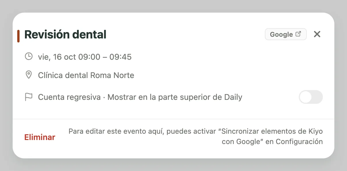 Detalle de Revisión dental en Kiyo, de 09:00 a 09:45, con el enlace Google ↗ y el aviso para activar la edición.