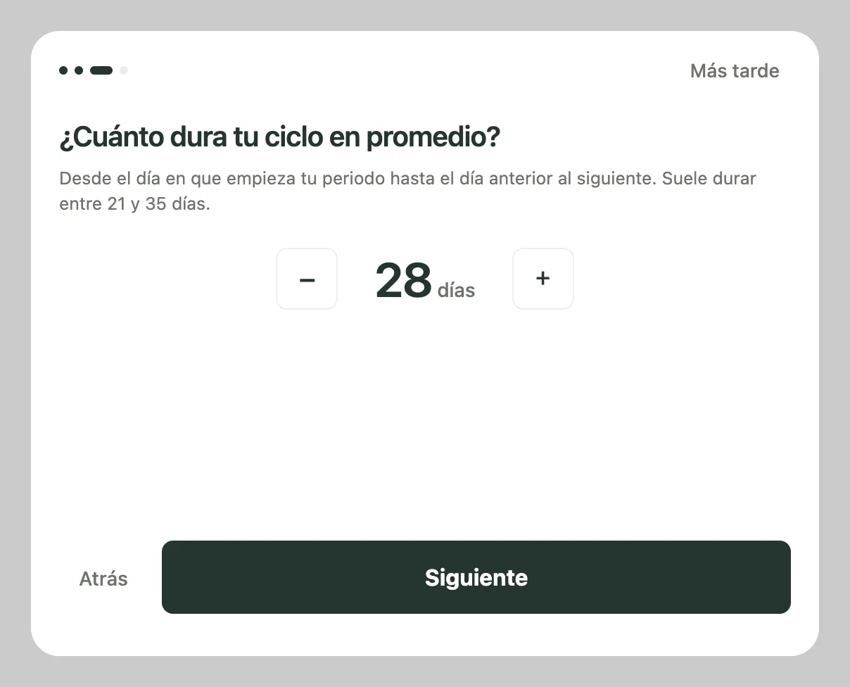 Configuración inicial del ciclo en Kiyo web: pregunta sobre la duración promedio del ciclo, con 28 días seleccionados.