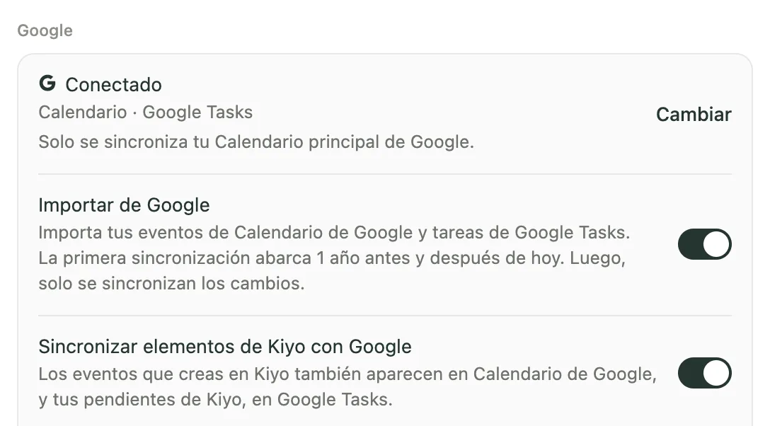 Configuración → Google en Kiyo, con Importar de Google y Sincronizar elementos de Kiyo con Google activados en una cuenta de demostración.