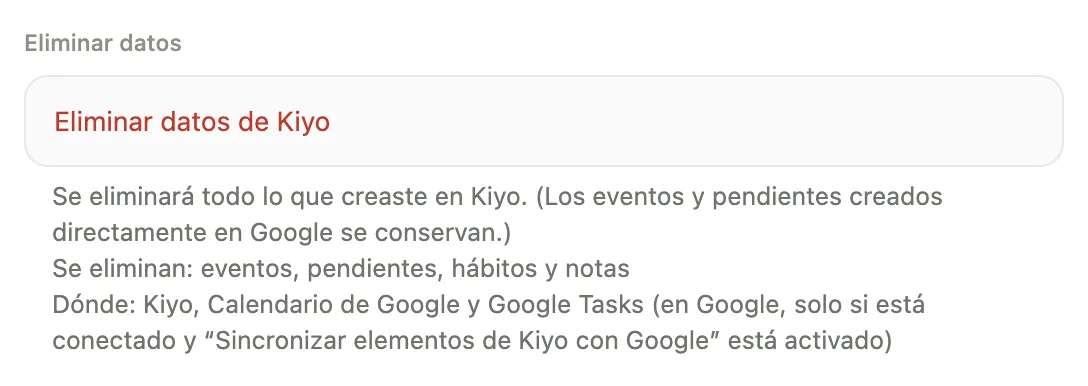 Configuración → Eliminar datos en Kiyo, con la fila Eliminar datos de Kiyo y la nota explicativa que menciona Sincronizar elementos de Kiyo con Google.