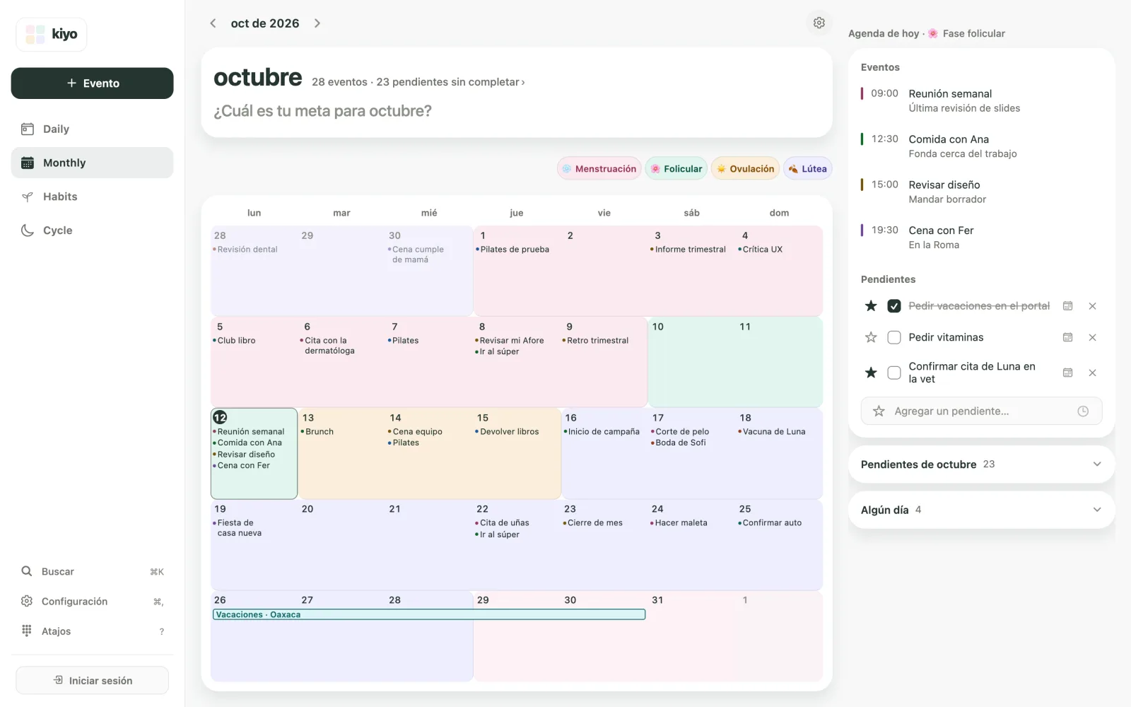 Monthly de Kiyo con Menstruación del 1 al 9 de octubre, Fase folicular del 10 al 12, Ovulación del 13 al 15 y Fase lútea del 16 al 28. El siguiente inicio estimado sigue el 29 de octubre.
