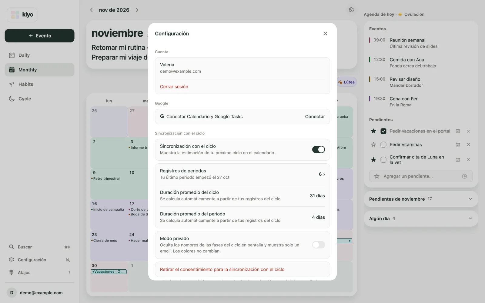 Configuración de Kiyo en la web con la conexión al Calendario de Google y Google Tasks y la opción de sincronización con el ciclo.