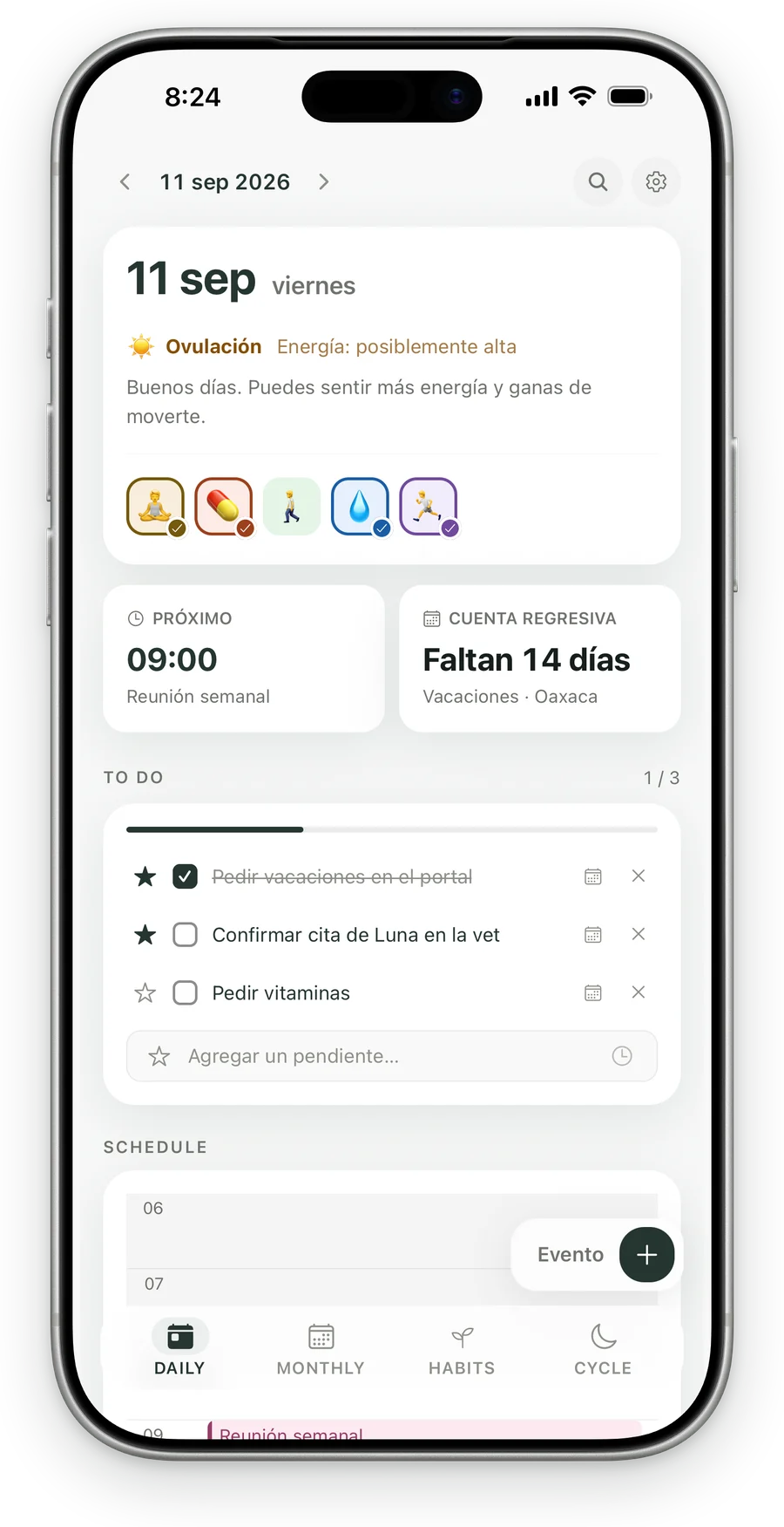 Daily de Kiyo en iPhone con información del ciclo, hábitos, próximo evento, cuenta regresiva y lista de pendientes.