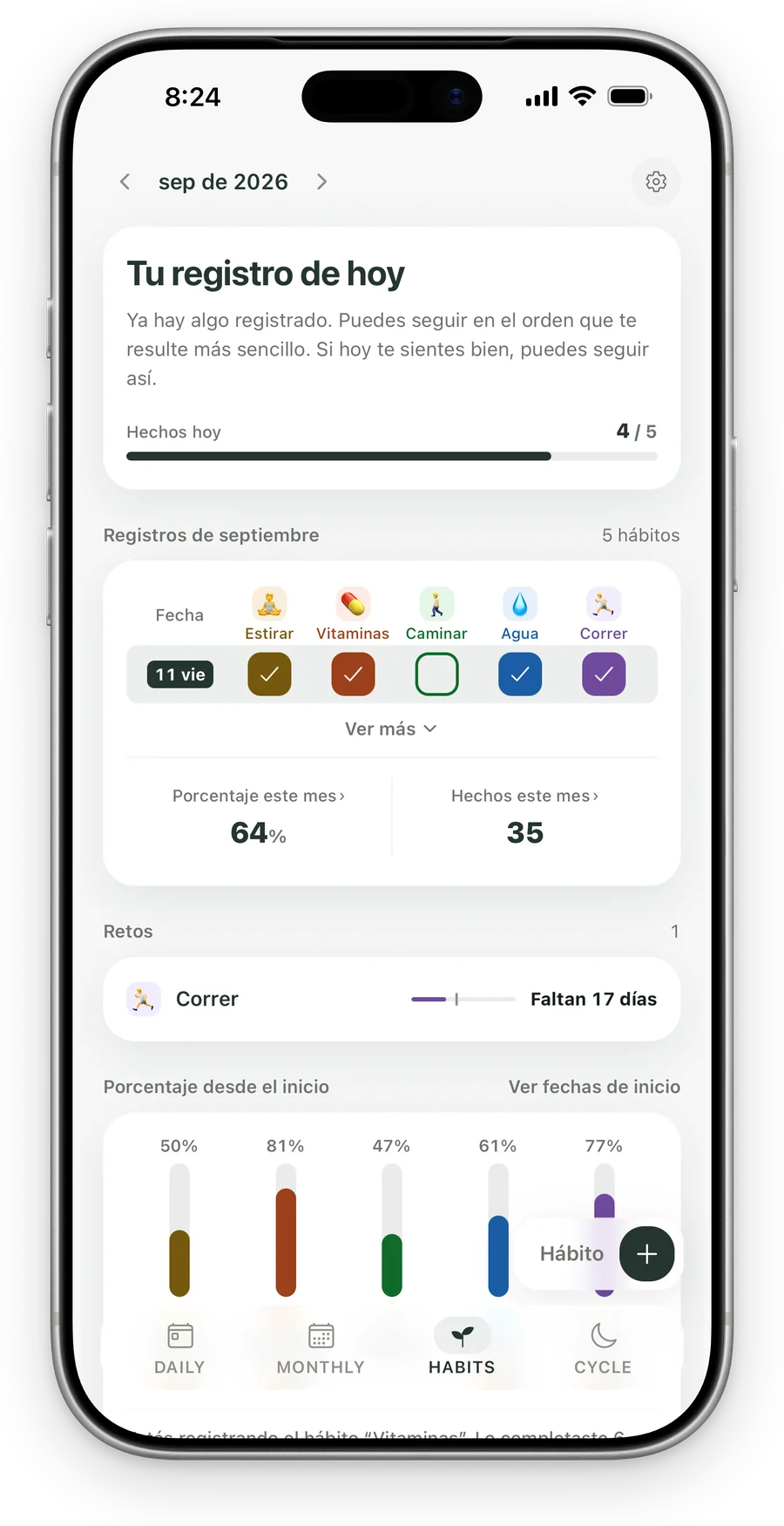 La pestaña Habits de Kiyo en un iPhone, con hábitos y sus registros de seguimiento.