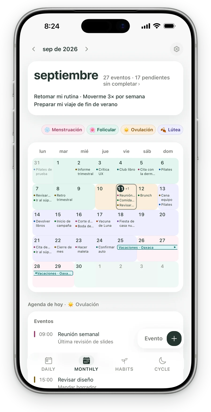 Vista de Monthly en Kiyo para iPhone, con colores del ciclo estimado junto a los eventos del calendario.