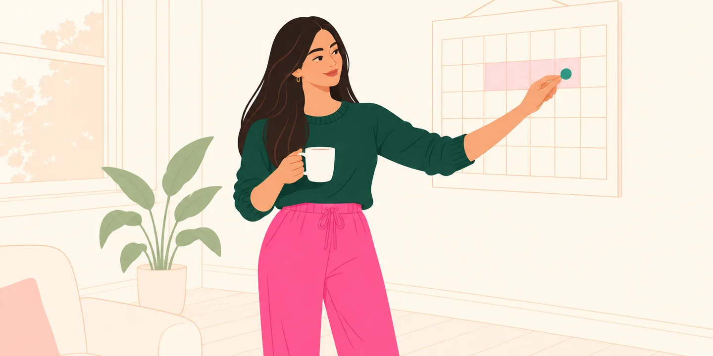 Mujer con una taza, pegando una calcomanía para un viaje en un calendario de pared con algunos días en rosa pálido