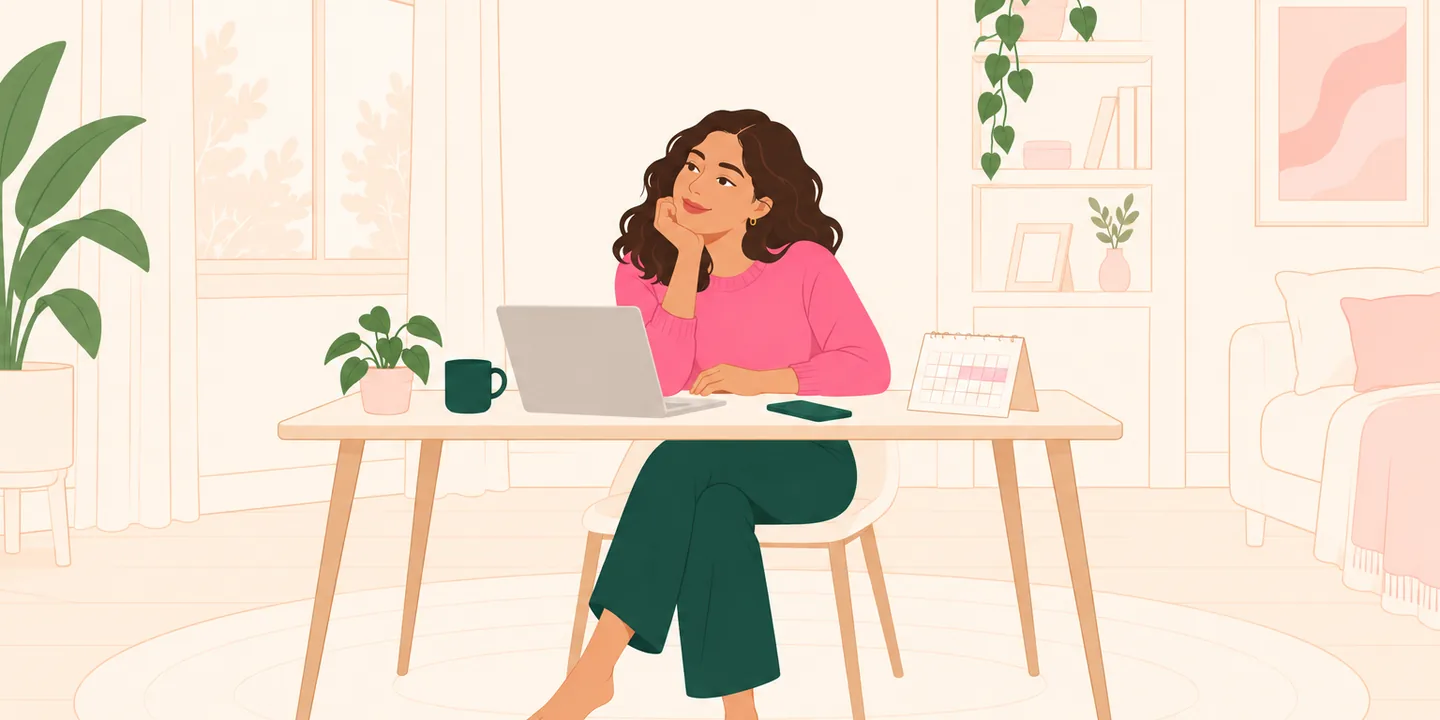 Mujer en un escritorio junto a su laptop, mirando un calendario de mesa con algunos días sobre un fondo rosa pálido