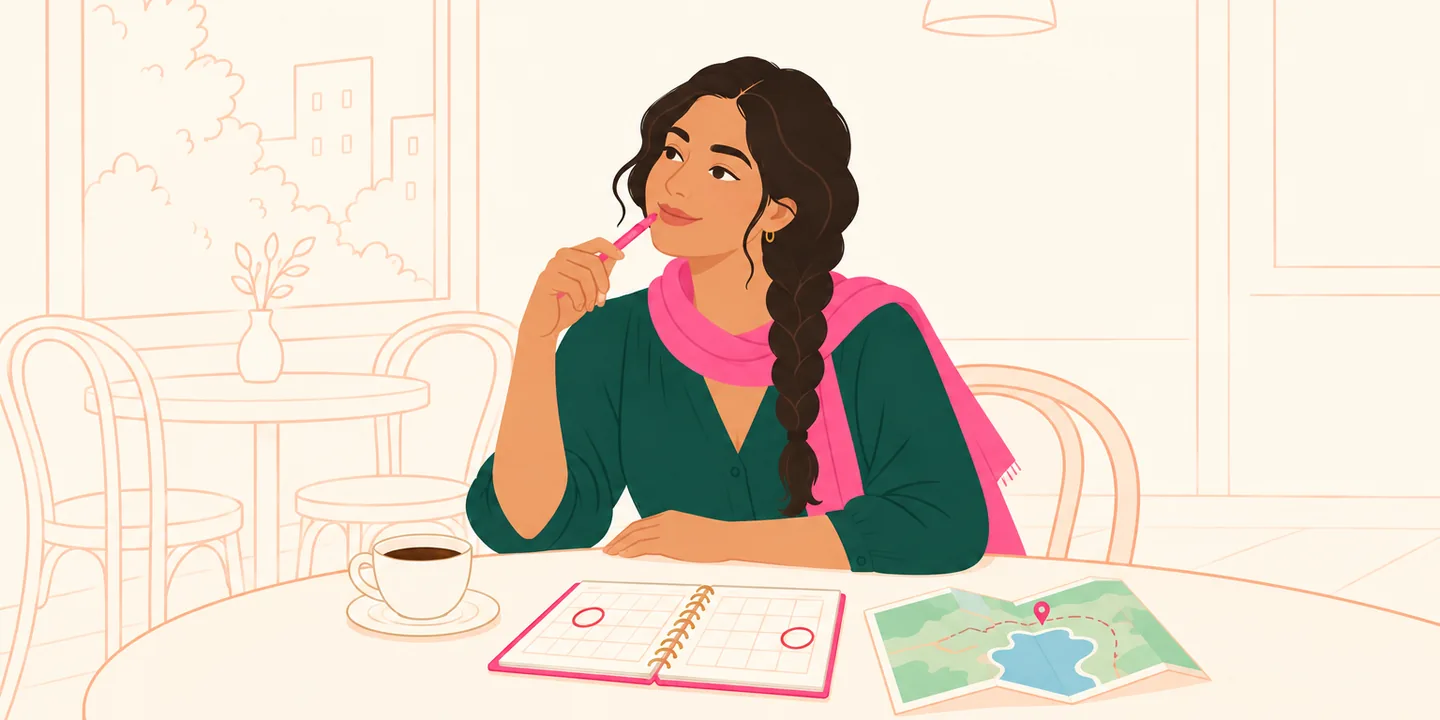 Mulher à mesa de um café comparando dois fins de semana num calendário de bolso junto a um mapa de viagem dobrado