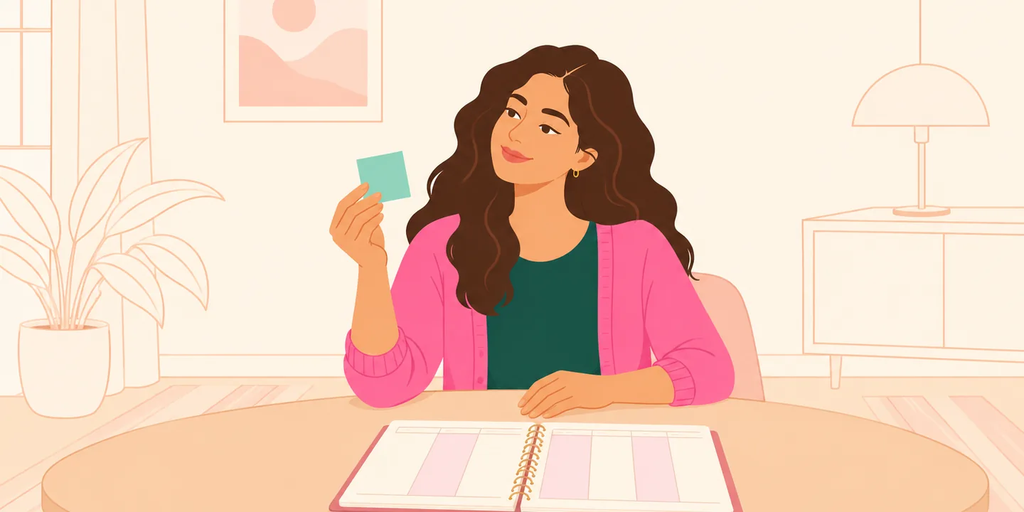 Mulher à escrivaninha segurando uma nota adesiva sobre uma agenda semanal com alguns dias de fundo rosa-claro