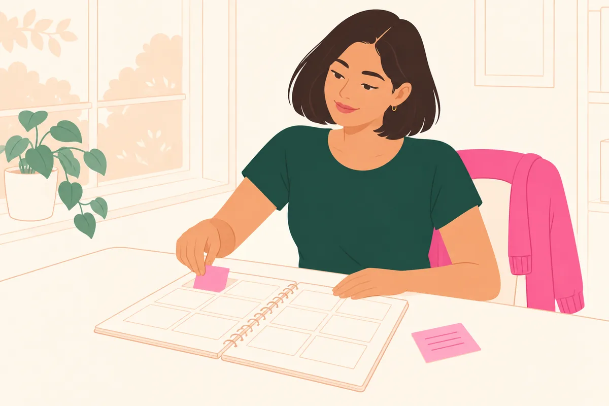 Mulher junto à janela ensolarada deixa dias livres numa agenda semanal de papel, com uma lista curta de tarefas fáceis ao lado