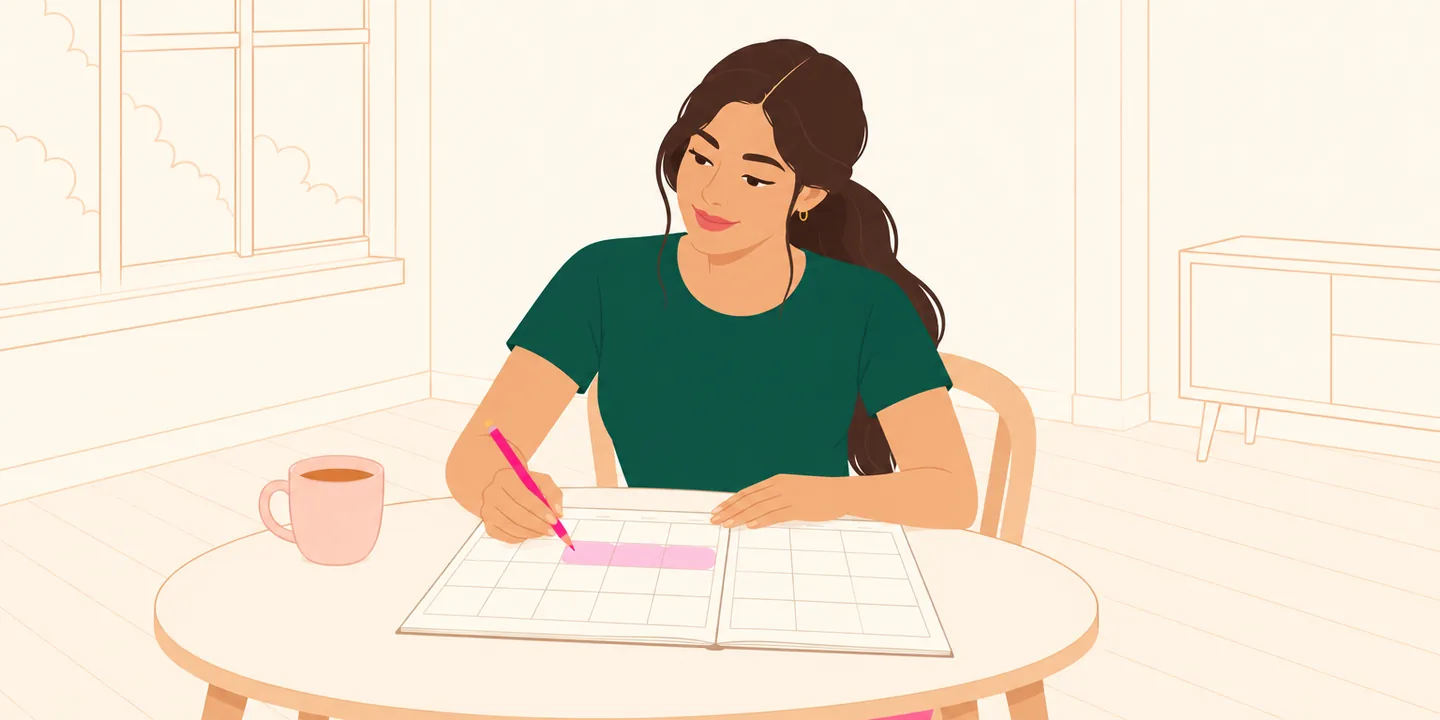 A woman tracing a soft pink band that spans several days on a paper monthly calendar