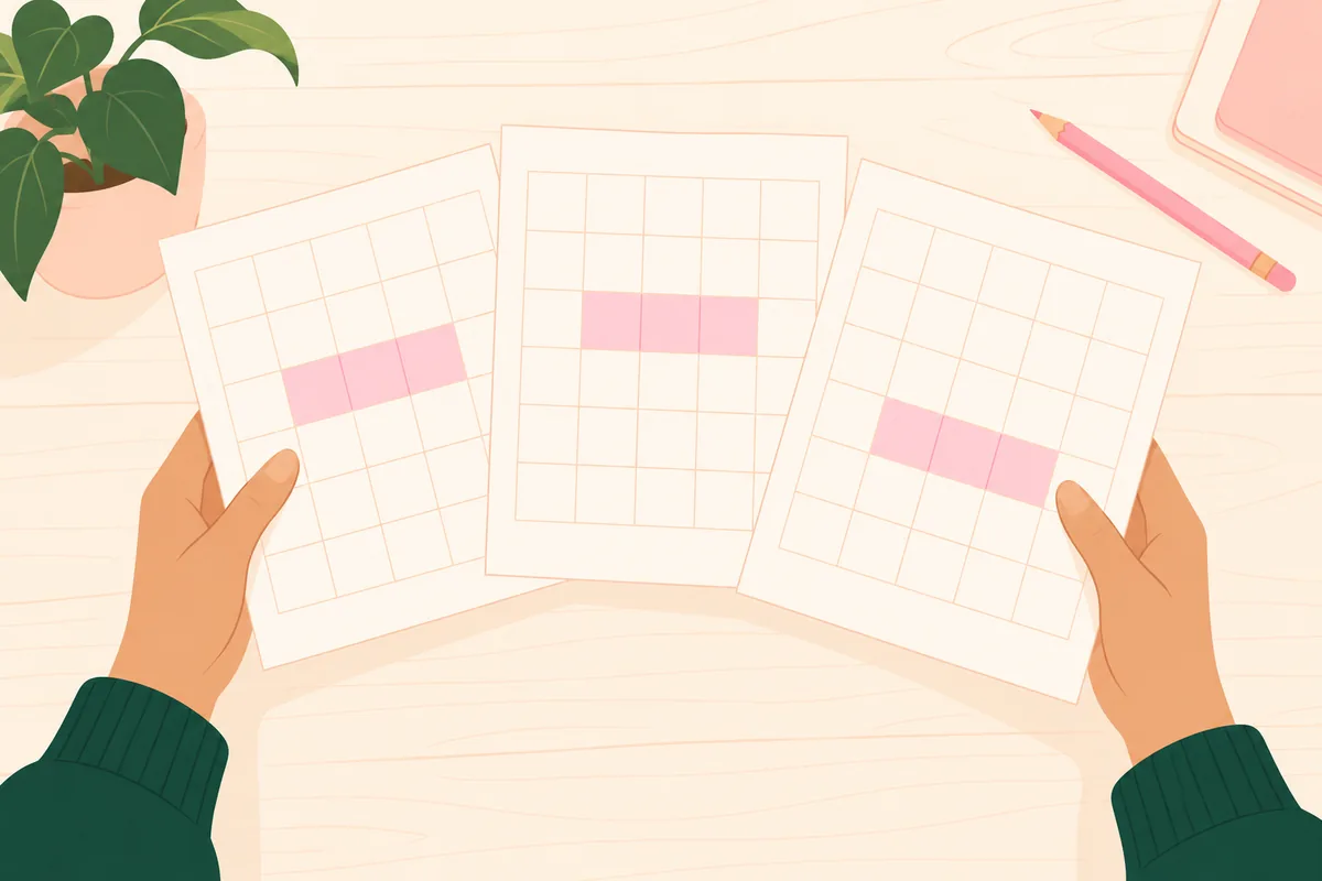Hands fanning out three monthly calendar sheets, each with a soft pink band in a slightly different place